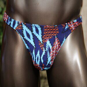 Mens Blue Orange Design Print Thong High Waisted Handmade